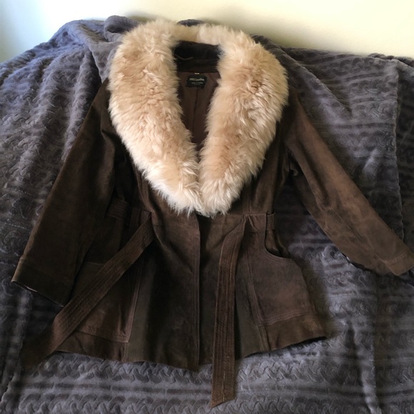 Brown suede jacket with faux fur collar - Picture 1 of 3
